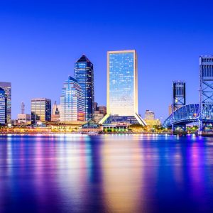 Jacksonville, Florida, USA downtown city skyline on St. Johns River.