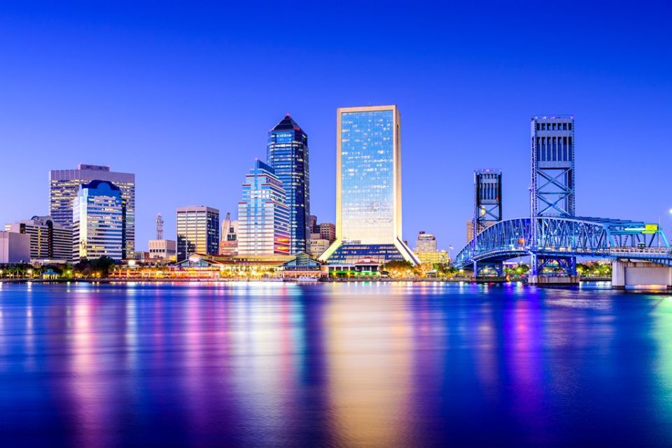 Jacksonville, Florida, USA downtown city skyline on St. Johns River.
