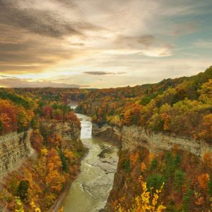 Autumn scene landscape of waterfalls and gorge at Letchworth State Park