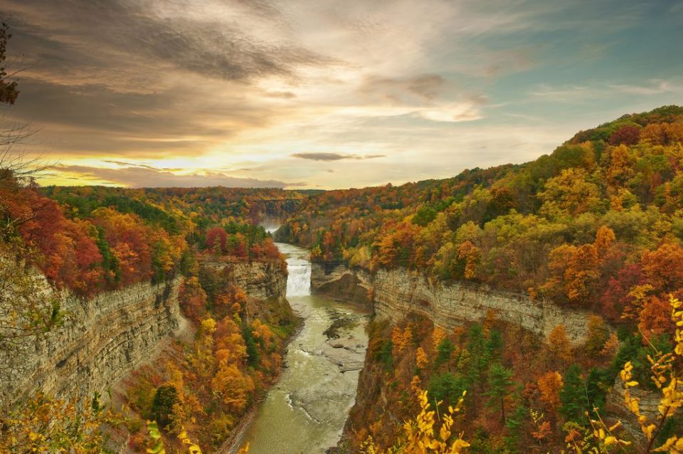 Autumn scene landscape of waterfalls and gorge at Letchworth State Park