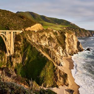 Bixby Creek Bridge on Highway 1 at sunset. Big Sur Area, California, USA.