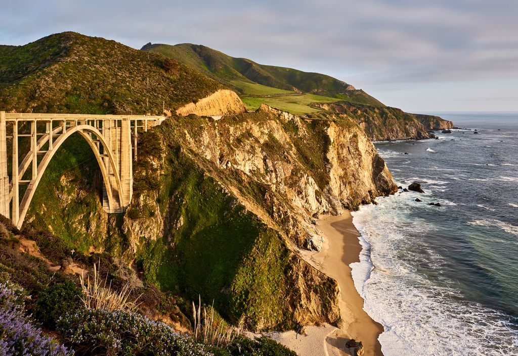 Bixby Creek Bridge on Highway 1 at sunset. Big Sur Area, California, USA.