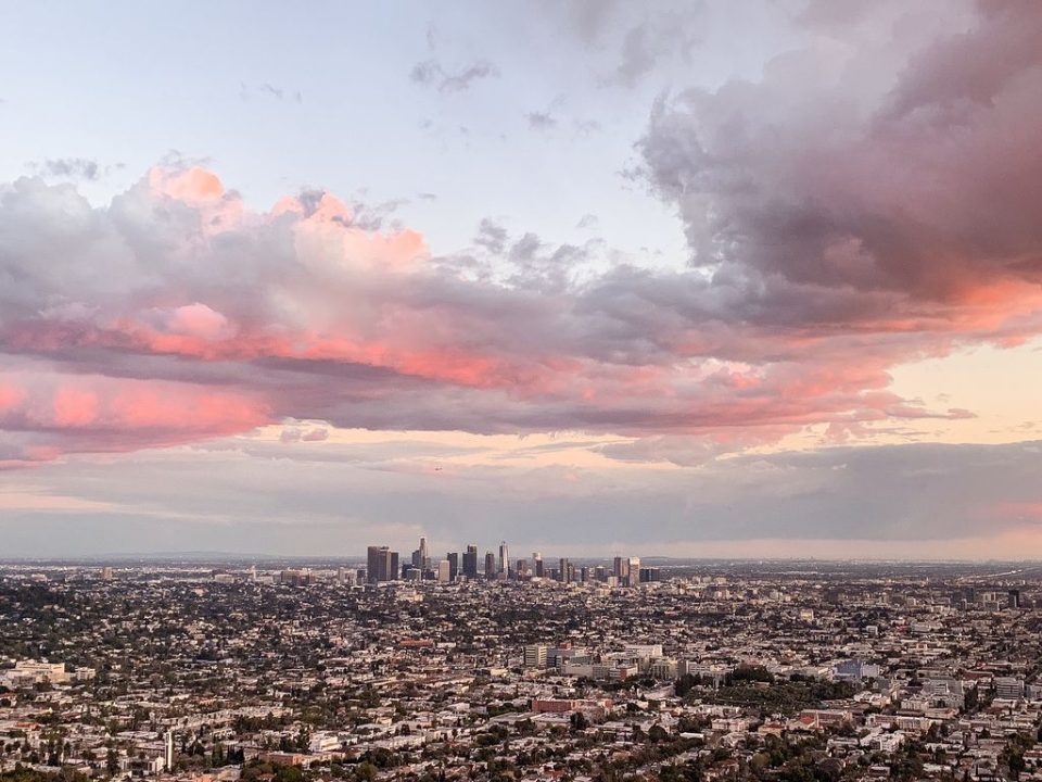 Los Angeles, California With Sunset Reflecting Off The Clouds