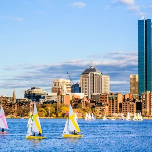 Sailing Boats With Boston, Massachusetts Skyline In The Background