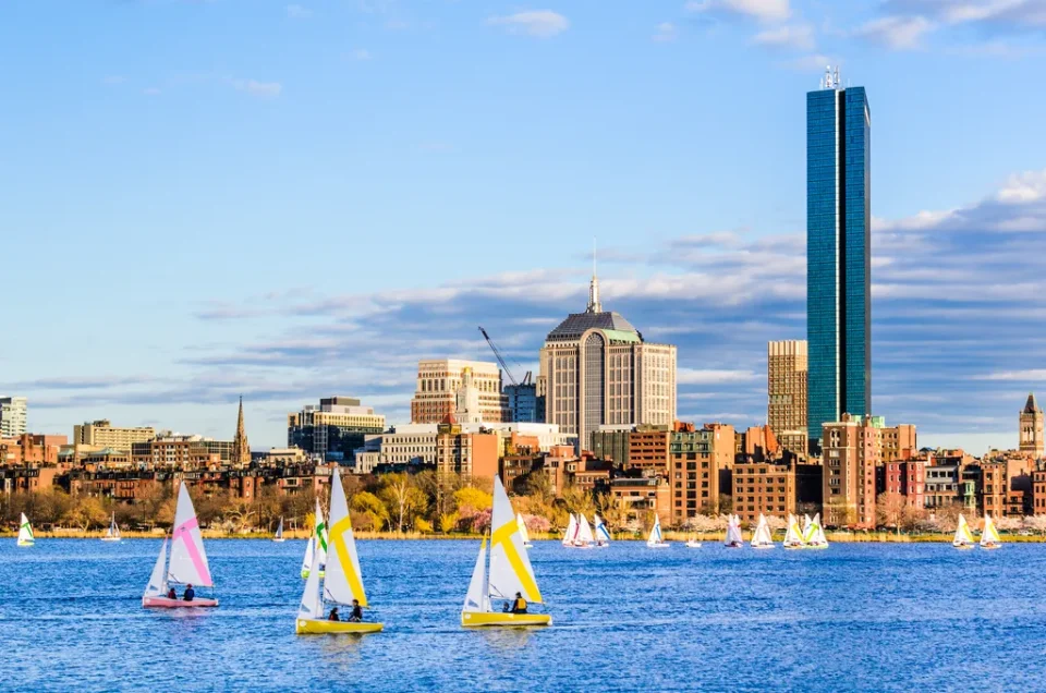 Sailing Boats With Boston, Massachusetts Skyline In The Background